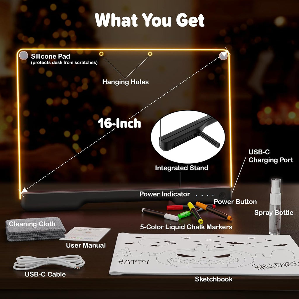 16" Rechargeable LED Drawing Board, 9-Color Light Modes, Neon Art Dry Erase Light up Doodle Glow Pad with Built-In Stand, Sketching Gift Toy for Kids/Girls/Teens, 7 Markers & Tracing Book