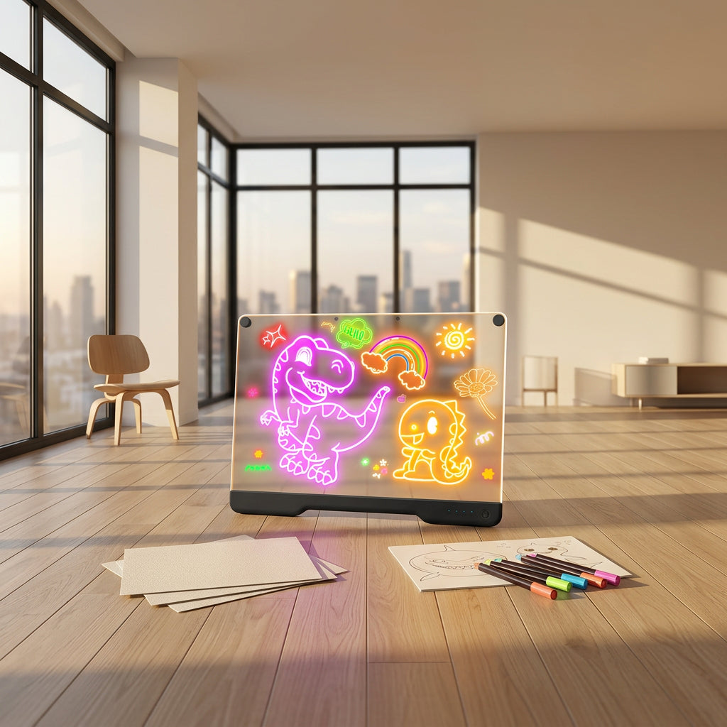 16" Rechargeable LED Drawing Board, 9-Color Light Modes, Neon Art Dry Erase Light up Doodle Glow Pad with Built-In Stand, Sketching Gift Toy for Kids/Girls/Teens, 7 Markers & Tracing Book